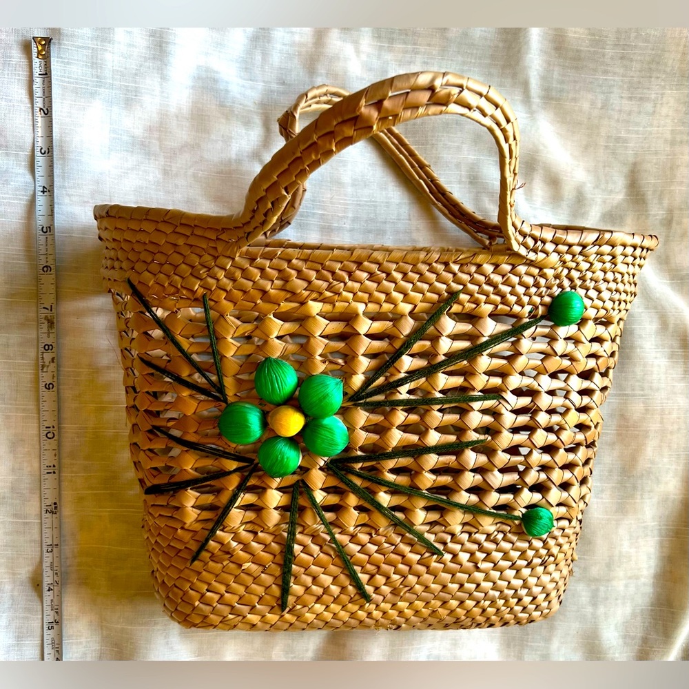Vintage Raffia Bag With Floral Details